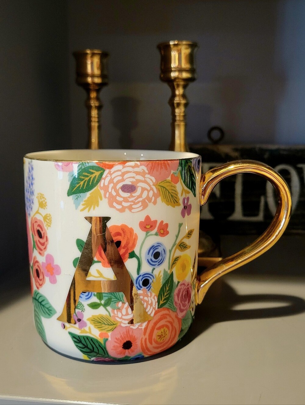 Anthropologie RIFLE PAPER collab Floral Monogram 'A' Ceramic Mug
